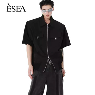 ESEA เสื้อเชิ้ตผู้ชายสีทึบเข้าใหม่เสื้อเชิ้ตผู้ชายยอดนิยมแนวสตรีทแฟชั่นแขนสั้น