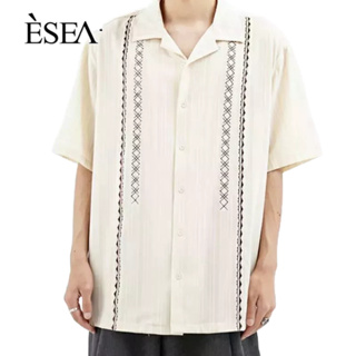 ESEA ผู้ชายเสื้ออินฮ่องกงสไตล์ฮาวายผู้ชายสั้น-แขนอเมริกันถนนสูงปักลายเสื้อผู้ชาย