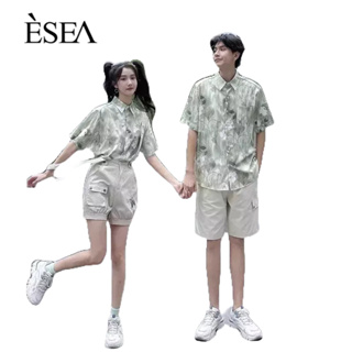 ESEA เสื้อเชิ้ตผู้ชายสไตล์ญี่ปุ่นและเกาหลีเสื้อเชิ้ตคอโปโลดีไซน์บางเสื้อเชิ้ตลายดอกไม้คู่หลวม ๆ