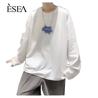 ESEA ตัวอักษรพิมพ์บนแขนยาวเสื้อยืดผู้ชายหลวมรอบคอปกเสื้อสำหรับผู้ชาย และผู้หญิงสวมใส่สบาย  การเชื่อมต่อแบบเรียบง่าย