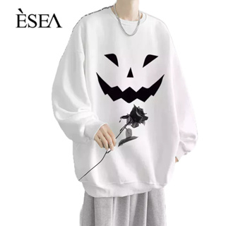 ESEA เสื้อสเวตเตอร์ผู้ชาย INS สไตล์ฤดูใบไม้ผลิและฤดูใบไม้ร่วงแบรนด์แฟชั่นบางยิ้มพิมพ์หน้าฮาโลวีนแฟชั่นแฟชั่นที่เรียบง่ายแฟชั่นผู้ชายแขนยาวเสื้อสเวตเตอร์