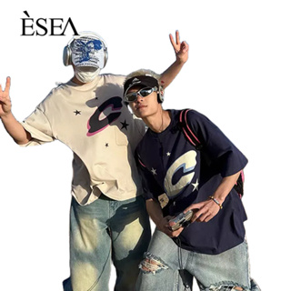 ESEA ผู้ชายเสื้อยืดผ้าฝ้ายตัวอักษรพิมพ์อินคู่เสื้อยืดแนวโน้มอเมริกันช่องถนนสั้น-แขน