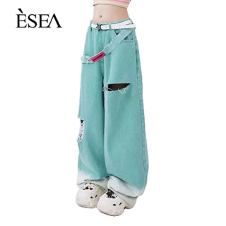 ESEA กางเกงผู้ชาย, ชุดโดปามีน, การออกแบบเฉพาะ, สไตล์ยุโรปและอเมริกา, แฟชั่นฉีกยีนส์, ฤดูร้อนยอดนิยมขาตรงขากว้างกางเกงลําลอง
