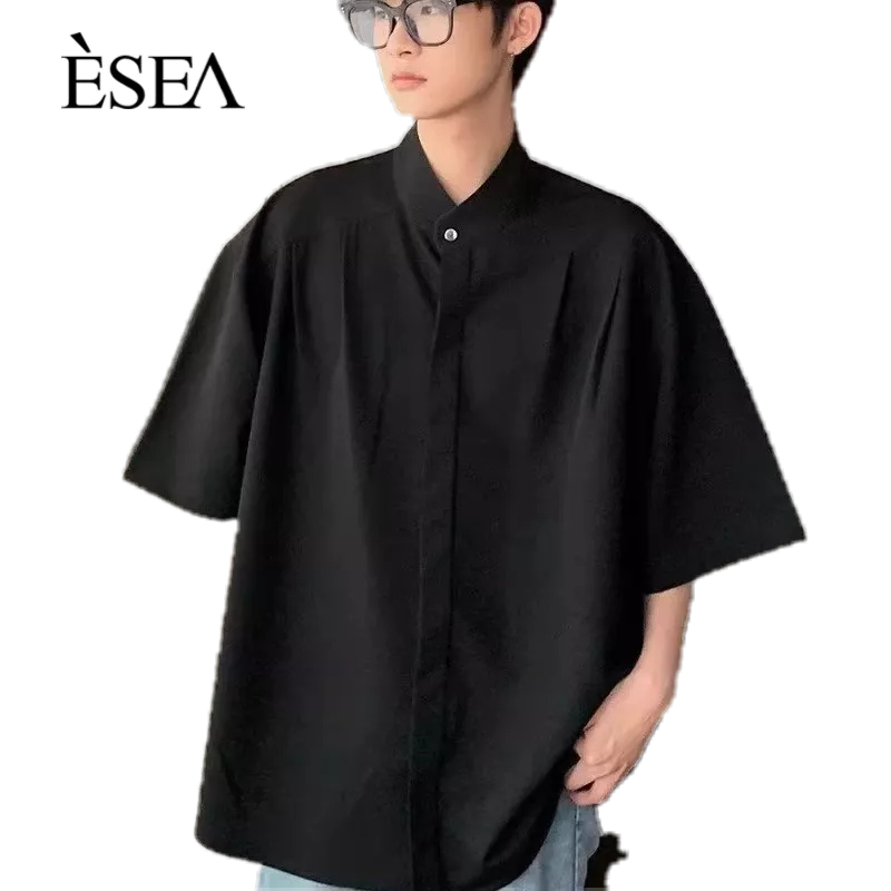 esea-เสื้อเชิ้ตผู้ชายฮาราจูกุเทรนด์แฟชั่นอเนกประสงค์เสื้อเชิ้ตผู้ชายวรรณกรรมสีทึบเรียบง่ายลำลองแขนสั้น