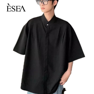 ESEA เสื้อเชิ้ตผู้ชายฮาราจูกุเทรนด์แฟชั่นอเนกประสงค์เสื้อเชิ้ตผู้ชายวรรณกรรมสีทึบเรียบง่ายลำลองแขนสั้น