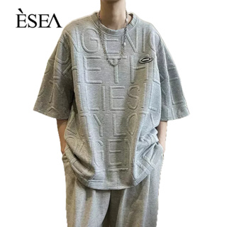 ESEA เสื้อยืดผู้ชายแฟชั่นลำลองเสื้อยืดผู้ชายสไตล์อเมริกันสีขาวหลวมแขนสั้นผู้ชาย