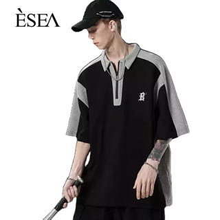 ESEA เสื้อโปโลผู้ชายแขนสั้นรูปหล่อ INS สไตล์ป๊อปพิมพ์ลําลองแขนสั้นวินเทจ