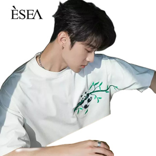 ESEA เสื้อยืดผู้ชายอินเทรนด์จีนเย็บปักถักร้อยพิมพ์เสื้อยืดหลวม