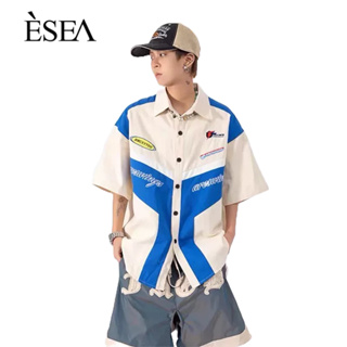 ESEA ผู้ชายเสื้อยืดฮิปฮอปถนนคมชัดสีอเมริกันย้อนยุคแข่งพิมพ์หลวมแขนสั้นคู่เสื้อยืด