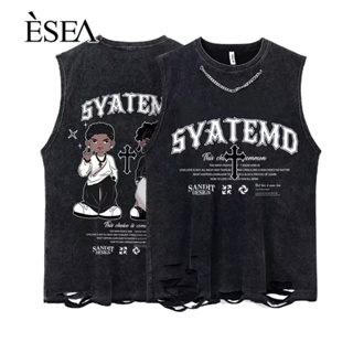 ESEA เสื้อกั๊กผู้ชายแบรนด์อินเทรนด์ฤดูร้อนสไตล์ยุโรปและอเมริกาพิมพ์เสื้อกั๊กลําลองผู้ชายหลวมแขนกุด