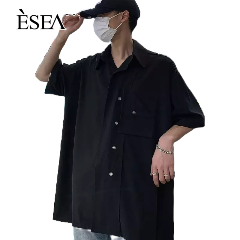 esea-เสื้อเชิ้ตผู้ชายสไตล์เกาหลีลำลองหลวมคอพับชายเสื้อเชิ้ตแขนสั้นสีตัดกัน
