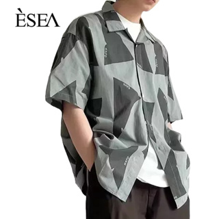 ESEA  เสื้อผู้ชายอเนกประสงค์ญี่ปุ่นหลวมพิมพ์เสื้อผู้ชายแฟชั่นวรรณกรรมยอดนิยมลำลองผู้ชายแขนสั้น