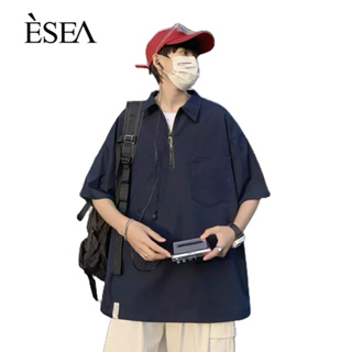 ESEA เสื้อยืดผู้ชาย หลวม ลำลอง เสื้อยืดผู้ชาย ซิปครึ่ง ญี่ปุ่น สีทึบ แขนสั้น ผู้ชาย