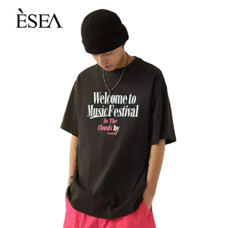 ESEA เสื้อยืดผู้ชายอารมณ์สบาย ๆ เสื้อยืดผู้ชายคอกลมพิมพ์ลายแฟชั่นแขนสั้น