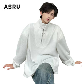 ASRV เสื้อกันหนาวซิปครึ่งสไตล์สไตล์อเมริกันของผู้ชายการออกแบบหัวเข็มขัดโลหะเสื้อกันหนาวคอปกโปโลวาฟเฟิล