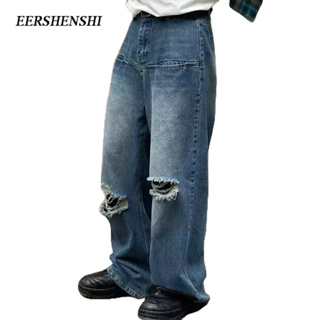 EERSHENSHI กางเกงยีนส์ผู้ชายสีน้ำเงินญี่ปุ่นย้อนยุคเอวสูงสลิมหลวมตรงฉีกถูพื้นในกางเกงผู้ชาย