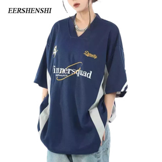 EERSHENSHI เสื้อยืดผู้ชายคอกลมพิมพ์ตัวอักษรแขนสั้นแฟชั่นเรียบง่ายหลวมฮาราจูกุเสื้อยืดผู้ชาย