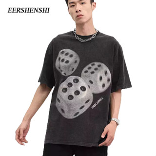 EERSHENSHI เสื้อยืดผู้ชาย แฟชั่นแบรนด์คอกลมเทรนด์ฤดูร้อนสไตล์คู่รักรุ่นพิมพ์แขนสั้นด้านบนผ้าฝ้าย