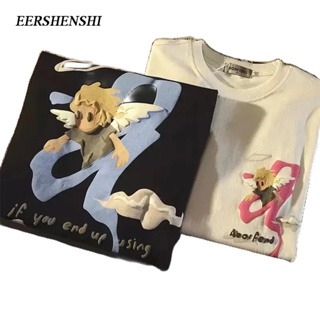 EERSHENSHI ผู้ชายแขนสั้นใหม่หลวมสบาย ๆ ins สไตล์เจ้าชายน้อยแองเจิลพิมพ์แขนสั้น