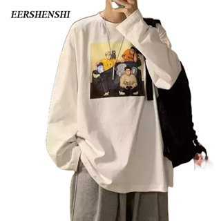 EERSHENSHI เสื้อสเวตเตอร์ผู้ชายฤดูใบไม้ผลิและฤดูใบไม้ร่วงสไตล์แฟชั่นแบรนด์ INS สไตล์การ์ตูนพิมพ์คอกลมหลวมแขนยาวเสื้อสเวตเตอร์ลําลองของผู้ชาย