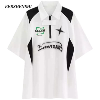 EERSHENSHI เสื้อแขนสั้นผู้ชายสไตล์ยุโรปและอเมริกาสไตล์ย้อนยุคสไตล์รถจักรยานยนต์คอโปโล, คู่หลวมเรียบง่าย, แขนสั้นลําลอง