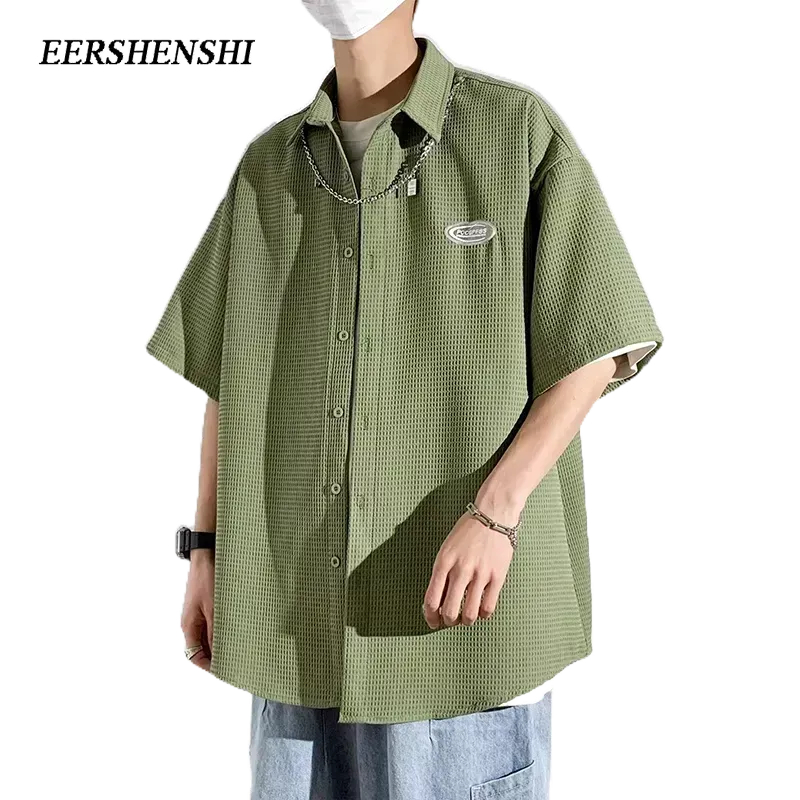 eershenshi-เสื้อเชิ้ตแขนสั้นผู้ชาย-แฟชั่นเยาวชนเสื้อเชิ้ตผู้ชายลําลองเรียบง่าย