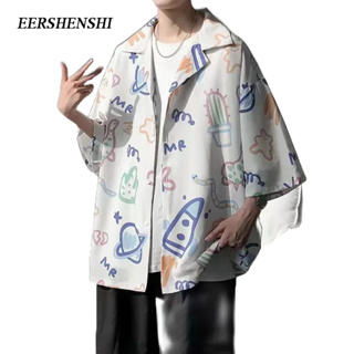 EERSHENSHI เสื้อเชิ้ตแขนสั้นผู้ชาย, พิมพ์ลายเกาหลีอินเทรนด์, เสื้อเชิ้ตลําลองผู้ชายทรงหลวมสไตล์ INS