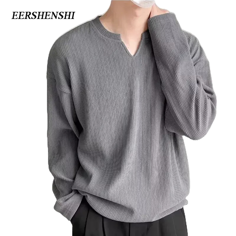 eershenshi-เสื้อสเวตเตอร์ผู้ชายคอวีแขนยาวดีไซน์หลวม-ๆ-ประจําวันลายทางเสื้อเชิ้ตลําลองผู้ชายฤดูใบไม้ผลิและฤดูใบไม้ร่วงที่เรียบง่าย