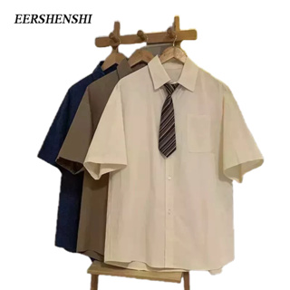 EERSHENSHI เสื้อเชิ้ตผู้ชายสีทึบอารมณ์คอปกแขนสั้นใหม่เยาวชนยอดนิยมเสื้อลำลองผู้ชาย