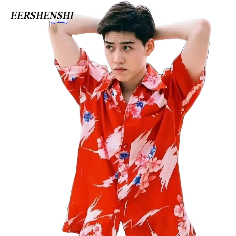 eershenshi-เสื้อเชิ้ตลําลองผู้ชาย-ถนนสายสูงยุโรปอเมริกัน-พิมพ์ลายสไตล์ฮาวาย-เสื้อเชิ้ตแขนสั้นผู้ชายชายหาด