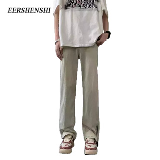 EERSHENSHI กางเกงผู้ชายตรงฤดูร้อนใหม่อินเทรนด์แบรนด์เดนิมสีทึบวินเทจแฟชั่นที่เรียบง่ายแฟชั่นกางเกงผู้ชาย