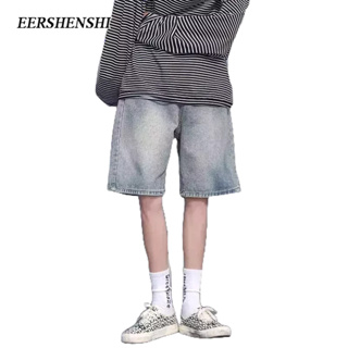 EERSHENSHI กางเกงขาสั้นผู้ชายใหม่แฟชั่นเรียบง่ายขี้เกียจป๊อปกางเกงยีนส์ผู้ชาย