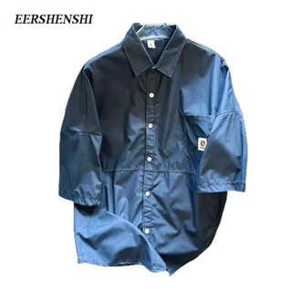 EERSHENSHI เสื้อเชิ้ตผู้ชายสไตล์ยุโรปและอเมริกาวินเทจแบรนด์แฟชั่นผู้ชายยอดนิยมแฟชั่นฤดูร้อนสีทึบคาร์โก้สวมเสื้อเชิ้ตแขนสั้นผู้ชาย