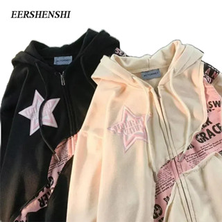 EERSHENSHI เสื้อแจ็กเก็ตลําลอง มีฮู้ด พิมพ์ลาย ทรงหลวม สไตล์ยุโรป และอเมริกา สตรีท เหมาะกับฤดูใบไม้ผลิ และฤดูใบไม้ร่วง สําหรับผู้ชาย