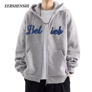 EERSHENSHI แจ็คเก็ตผู้ชาย, สไตล์ยุโรปและอเมริกา, เย็บปักถักร้อยตัวอักษรวินเทจ, มีฮู้ด, ซอก, เรียบง่ายและหลวม, เสื้อโค้ทลําลองผู้ชายคู่