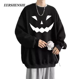 EERSHENSHI เสื้อสเวตเตอร์ผู้ชายฤดูใบไม้ผลิและฤดูใบไม้ร่วงสไตล์ลําลอง INS สไตล์อินเทรนด์แบรนด์บางหลวมยิ้มพิมพ์ใบหน้าฮาโลวีนง่ายเสื้อสเวตเตอร์แขนยาวของผู้ชาย
