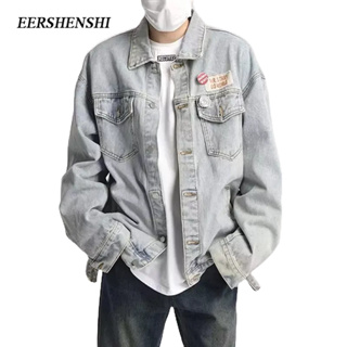 EERSHENSHI เสื้อโค้ทผู้ชาย, ปกยีนส์, แขนยาว, ป๊อปเยาวชน, สไตล์ฤดูใบไม้ผลิและฤดูใบไม้ร่วง, ฮาราจูกุแบรนด์อินเทรนด์ใหม่, เสื้อโค้ทผู้ชายแฟชั่นเรียบง่าย