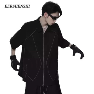 EERSHENSHI เสื้อเชิ้ตผู้ชายมีหลากหลาย แฟชั่น ไฮสตรีท แขนสั้น ทรงหลวม อินเทรนด์ ลำลอง สีทึบ แขนสั้นผู้ชาย