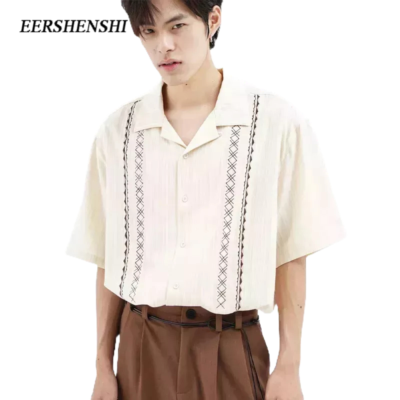 eershenshi-เสื้อผู้ชายอเมริกันถนนสูงปักลายเสื้อผู้ชายสไตล์ฮ่องกงฮาวายแขนสั้นผู้ชาย