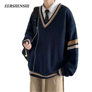 EERSHENSHI เสื้อกันหนาวผู้ชายหลวมฤดูใบไม้ผลิและฤดูใบไม้ร่วงสีบล็อกคอวี, ย้อนยุคญี่ปุ่นที่เรียบง่ายแบรนด์แฟชั่นเกาหลี INS ถักเสื้อสเวตเตอร์ลําลองผู้ชาย