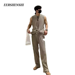 EERSHENSHI ผู้ชายสูทเสื้อกั๊กอารมณ์กางเกงเสื้อกั๊กฤดูร้อนวรรณกรรมที่เรียบง่ายเทรนด์ลำลองญี่ปุ่นแขนกุดสองชิ้น