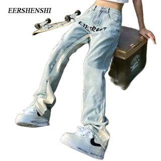 EERSHENSHI กางเกงผู้ชาย, สไตล์ยุโรปและอเมริกาตัวอักษรปักยีนส์, แผงแฟชั่นถนนสูง, กางเกงยีนส์ผู้ชายคอนทราสต์