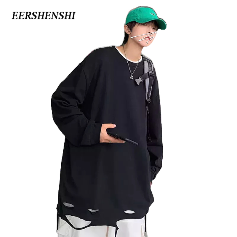 eershenshi-เสื้อยืดแขนยาวผู้ชายฉีกเสื้อยืดแขนยาวแฟชั่นฮ่องกงไฮสตรีท