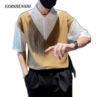 EERSHENSHI เสื้อเชิ้ตแขนสั้นผู้ชาย, ดีไซน์ผ้าไหมน้ําแข็งฤดูร้อนอินเทรนด์, เสื้อเชิ้ตลําลองผู้ชายหลวมๆ