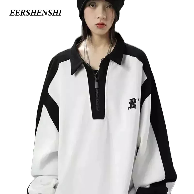 eershenshi-เสื้อสเวตเตอร์ผู้ชายตัดกันแผงการออกแบบความรู้สึกโปโลคอแบรนด์ฤดูใบไม้ร่วงเย็บปักถักร้อยซิปหลวมเสื้อสเวตเตอร์ลําลองของผู้ชาย