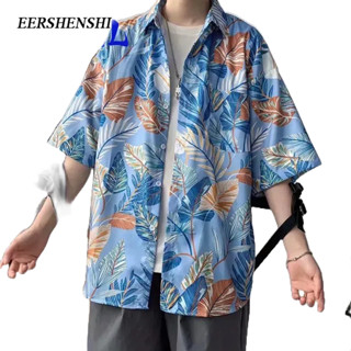 EERSHENSHI เสื้อเชิ้ตผู้ชายลายดอกไม้ Retro ชายหาดชายทะเลลายดอกไม้แขนสั้นคู่หลวมเสื้อเชิ้ตผู้ชายลำลอง