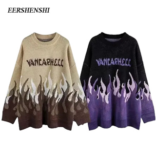 EERSHENSHI เสื้อกันหนาวผู้ชาย: ฤดูใบไม้ร่วงใหม่ / ฤดูหนาวพิมพ์ตัวอักษรเปลวไฟ, ถักคอลูกเรือหลวม, ถนนเฉพาะคู่เสื้อกันหนาวผู้ชายสบาย ๆ