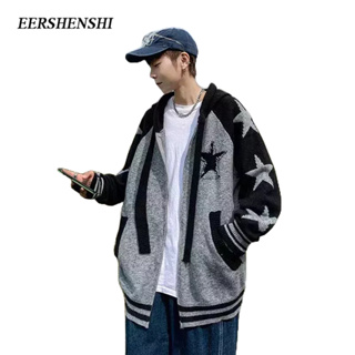 EERSHENSHI เสื้อโค้ทผู้ชาย, สไตล์ญี่ปุ่น, กระโปรงดาวคอนทราสต์วินเทจ, ฤดูใบไม้ร่วงและฤดูหนาว, เสื้อโค้ทลําลองผู้ชายถักสไตล์ INS หลวม