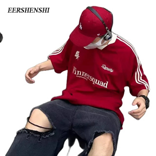 EERSHENSHI เสื้อยืดผู้ชายใหม่สามบาร์ย้อนยุคกีฬาแขนสั้นฮิปฮอปเสื้อยืดผู้ชายอินเทรนด์หลวม