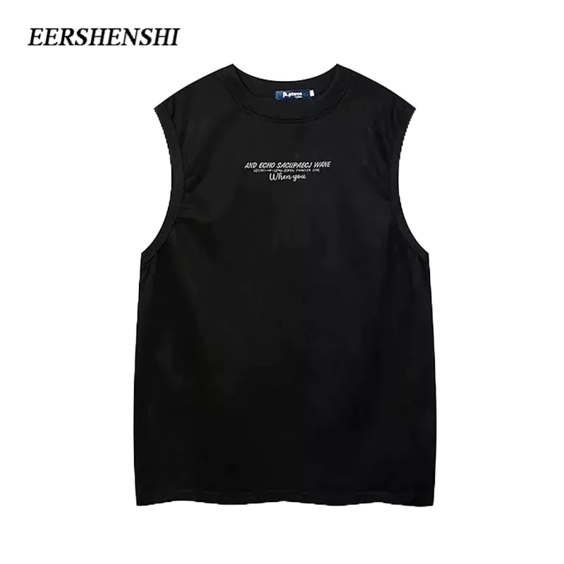 eershenshi-เสื้อกั๊กผู้ชายสไตล์อเมริกันหนังนิ่มปักเสื้อยืดลำลองแขนกุดอินเทรนด์หลวมกีฬาเสื้อกั๊กผู้ชาย